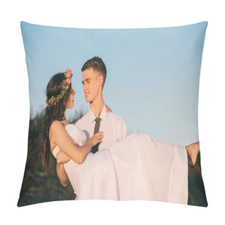 Personality  Happy Young Groom Carrying Beautiful Bride Against Blue Sky Pillow Covers