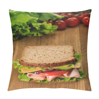 Personality  Selective Focus Of Fresh Sandwich On Wooden Cutting Board Near Lettuce And Cherry Tomatoes Pillow Covers