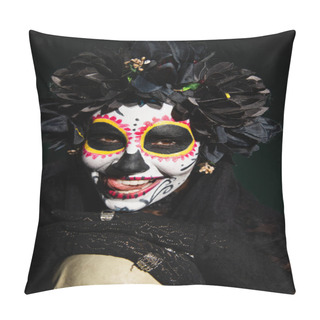 Personality  Woman In Creepy Day Of Dead Costume Sticking Out Tongue Near Skull On Dark Green Background  Pillow Covers