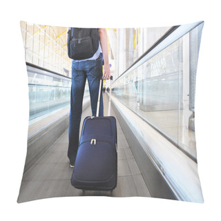 Personality  Traveler With A Suitcase On The Speedwalk Pillow Covers