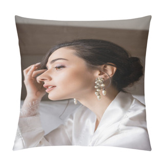 Personality  Portrait Of Attractive Woman With Brunette Hair In White Silk Robe, Pearl Earrings And Flawless Makeup Preparing For Her Wedding In Hotel Room, Special Occasion, Young Bride Pillow Covers