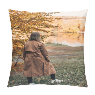 Personality  Back View Of Woman Standing And Looking At Lake In Autumn Forest  Pillow Covers