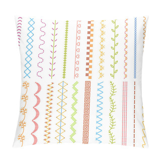 Personality  Sewing Stitches. Embroidery Stitches Borders, Detailed Thread Stitch, Fabric Embellishment Pattern. Sewing Seams Ornament Vector Illustration Set Pillow Covers