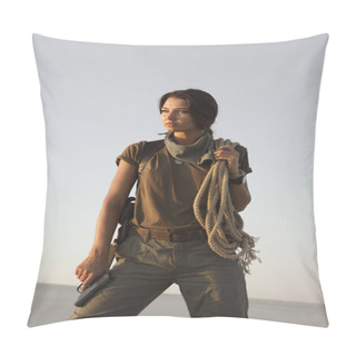 Personality  Woman Standing With A Gun Outdoors In Desert Pillow Covers