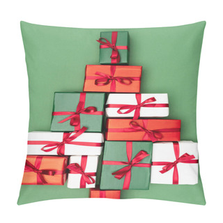 Personality  Top View Of Colorful Gift Boxes In Shape Of Christmas Tree On Green Background Pillow Covers