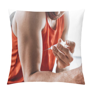 Personality  Cropped View Of Bearded Sportsman Making Doping Injection  Pillow Covers