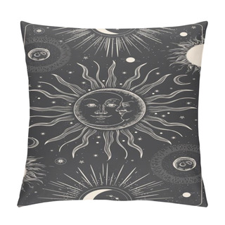 Personality  Magic Drawing With The Face Of The Sun And Moon. Tarot Card, Astrological Illustration. Pillow Covers