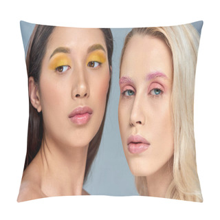 Personality  Multicultural Women With Vibrant Eye Makeup Posing Together On Blue Backdrop, Expressive Eyes Pillow Covers