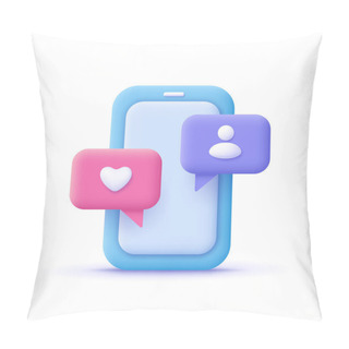 Personality  Smartphone And Speech Bubble With Like Heart And User Follower Icon. Social Media, Marketing And Network Concept. 3d Vector Icon. Cartoon Minimal Style. Pillow Covers