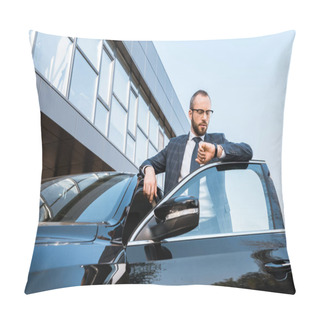 Personality  Low Angle View Of Businessman In Glasses Looking At Watch Near Black Car  Pillow Covers