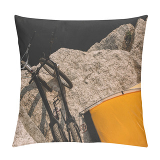 Personality  Elevated View Of Mountain Bicycles And Tourist Tent On Rocky Cliff Over River  Pillow Covers