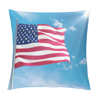 Personality  United States National Flag Waving In The Wind Against Deep Blue Sky. High Quality Fabric. International Relations Concept. Pillow Covers