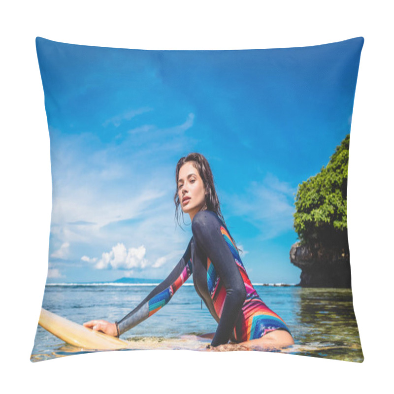 Personality  Side View Of Pretty Sportswoman In Wetsuit On Surfing Board In Ocean At Nusa Dua Beach, Bali, Indonesia Pillow Covers
