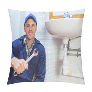 Personality  Happy Plumber Holding Wrench Sitting Next To Sink Pillow Covers