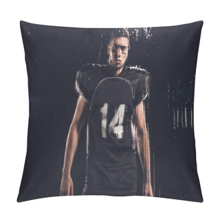 Personality  View Of Young American Football Player Looking At Camera On Black Through Wet Glass Pillow Covers