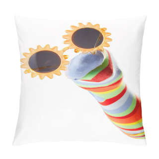 Personality  Happy Colorful Sock Puppet Wearing Sunglasses Isolated On White Background Pillow Covers