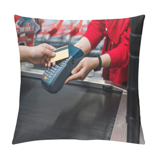 Personality  Cropped View Of Customer Paying By Credit Card Near Cashier In Supermarket  Pillow Covers