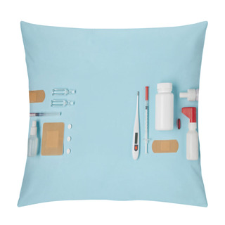 Personality  Top View Of Composed Various Medical Supplies On Blue Surface Pillow Covers
