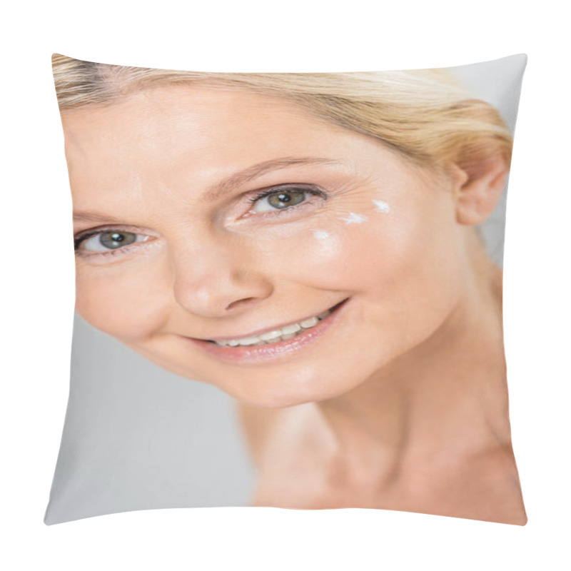 Personality  Portrait Of Beautiful And Mature Woman Looking At Camera With Cosmetic Cream On Face Isolated On Grey  Pillow Covers