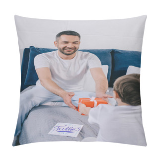 Personality  Back View Of Boy Presenting Fathers Day Gift Box To Happy Dad Pillow Covers