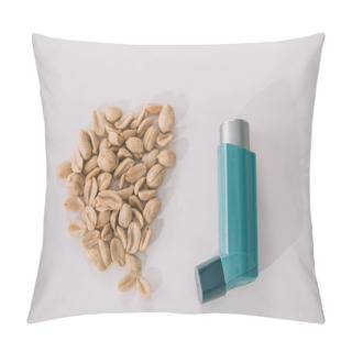 Personality  Top View Of Tasty Nutritious Peanuts Near Blue Inhaler On Grey  Pillow Covers