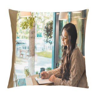 Personality  Beautiful Freelancer Working With Planner And Laptop In Coffee Shop  Pillow Covers