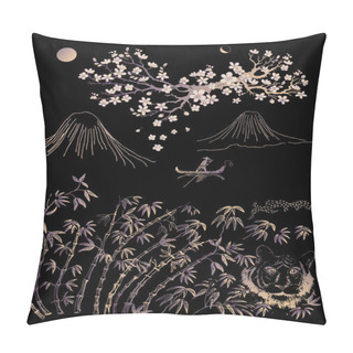 Personality  Golden Bamboo Stalks, Tiger Head Among The Leaves, Moon, Mountain, River, Blooming Sakura Flowers, Sailing Boat On A Black Background. Vector Sketch In Japanese And Chinese Ink Nature Illustration Style  Pillow Covers