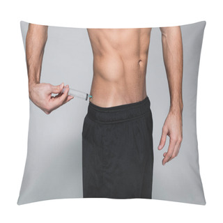 Personality  Cropped View Of Shirtless And Muscular Sportsman Injecting Himself In Back On Grey Pillow Covers