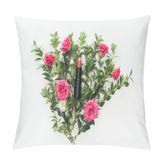 Personality  Top View Of Lipstick On Flowers Composition On White Background Pillow Covers