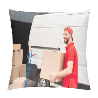 Personality  Smiling Delivery Man In Uniform With Cardboard Box Standing Near White Van In Street Pillow Covers
