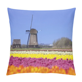 Personality  Tulips And Windmill On A Sunny Day In The Netherlands Pillow Covers