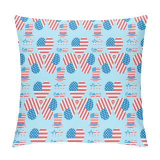 Personality  Seamless Background Pattern With Mustache, Glasses, Hats And Hearts Made Of American Flags On Blue  Pillow Covers