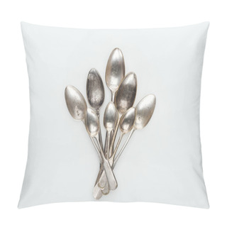 Personality  Top View Of Shiny Old Silver Empty Spoons On White Background Pillow Covers