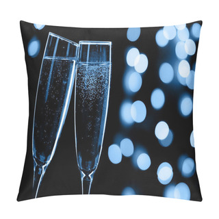 Personality  Two Champagne Glasses Toasting On Black Background With Bokeh Lights, Happy New Year, Classic Blue, Color 2020 Pillow Covers
