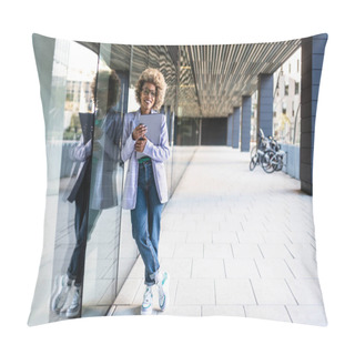 Personality  Portrait Of Young African American Woman Leader The New Creative Modern Company Standing In Outdoors Office Area Holding Laptop Pillow Covers