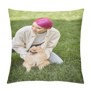 Personality  Cheerful Purple-haired Woman Cuddling Funny Pomeranian Spitz And Looking Away On Green Grass In Park Pillow Covers
