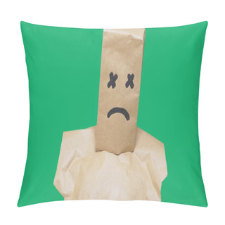 Personality  Concept Of Emotion, Gestures. A Man With A Package On His Head, With A Painted Smiley, Exhausted, Tired Pillow Covers
