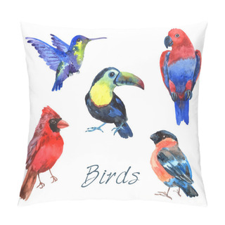 Personality  Exotic Tropical Birds Watercolor Icons Set Pillow Covers