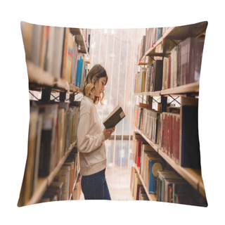Personality  College Girl Reading A Book While Standing Between The Bookshelves Pillow Covers