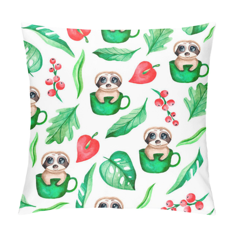 Personality  Watercolor Seamless Pattern With A Sloth Sitting In A Mug, Leaves, Berries On A White Background. Tropical Animals, Plants In Watercolor Technique For Clothing Design, Children's Mugs.  Pillow Covers
