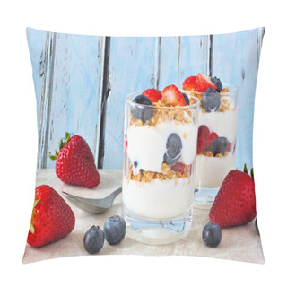 Personality  Strawberry And Blueberry Parfaits In Glasses Against A Rustic Blue Wood Background Pillow Covers