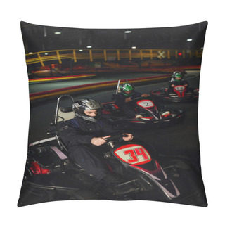 Personality  Focused Man Driving Go Kart Near Diverse Drivers In Helmets On Indoor Circuit, Adrenaline And Sport Pillow Covers