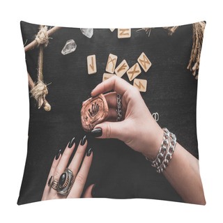 Personality  Top View Of Witch Near Runes And Crystals On Black  Pillow Covers