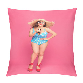 Personality  Full Length View Of Woman In Swimsuit And Wicker Hat Drinking Refreshing Beverage Isolated On Pink  Pillow Covers