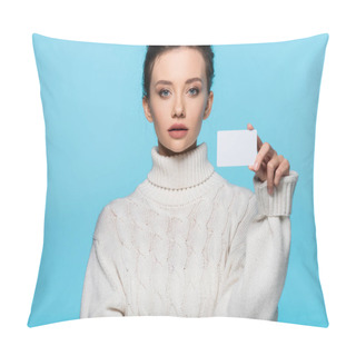 Personality  Young Woman In Knitted Sweater Holding Blank Card And Looking At Camera Isolated On Blue Pillow Covers
