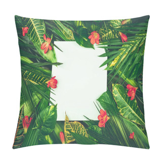 Personality  Composition With Fresh Tropical Leaves And Exotic Flowers On Whi Pillow Covers