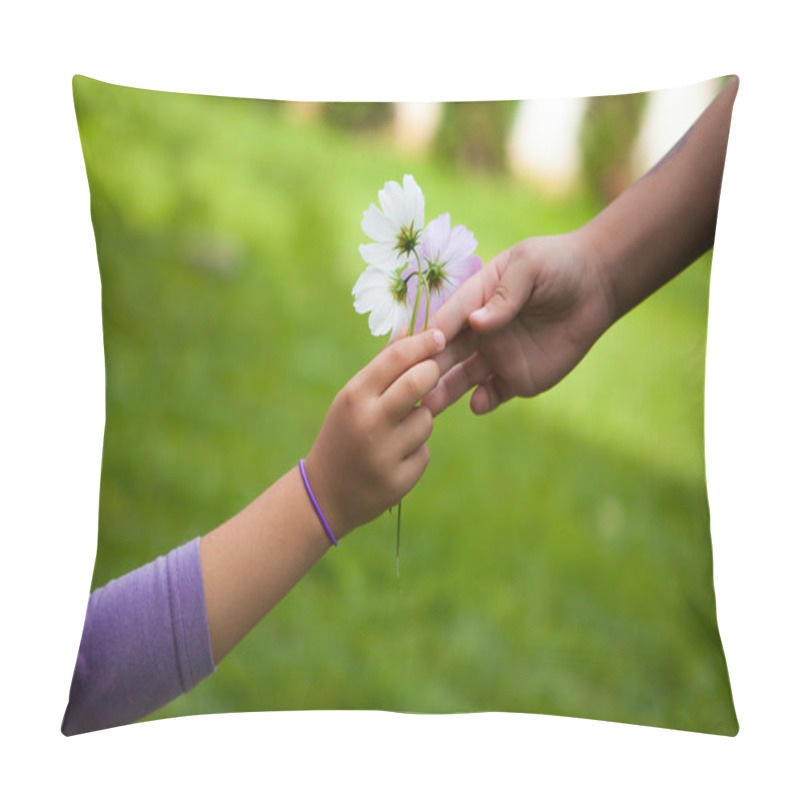 Personality  Child's Hand Giving Flowers To Her Friend Pillow Covers