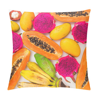 Personality  Fruits Background With Banana, Papaya, Mango And Dragon Fruits. Flat Lay. Top View. Tropical Food Pillow Covers