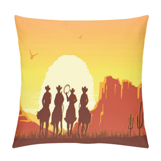 Personality  Cowboys Riding Horses At Sunset. Vector Prairie Landscape With S Pillow Covers