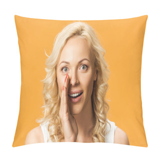 Personality  Attractive Blonde Woman Looking At Camera And Gossiping Isolated On Orange  Pillow Covers